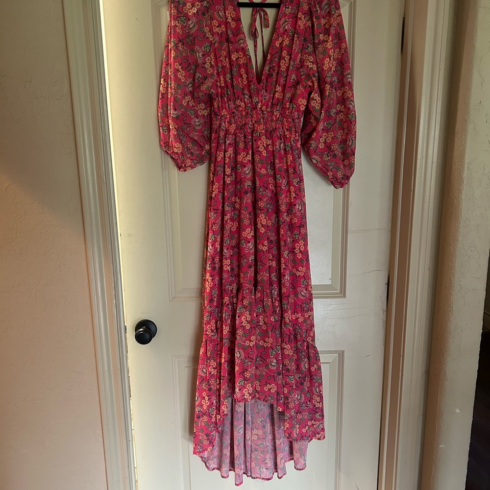 Flying Tomato Pink and Red High Low Sundress with Bishop Sleeves